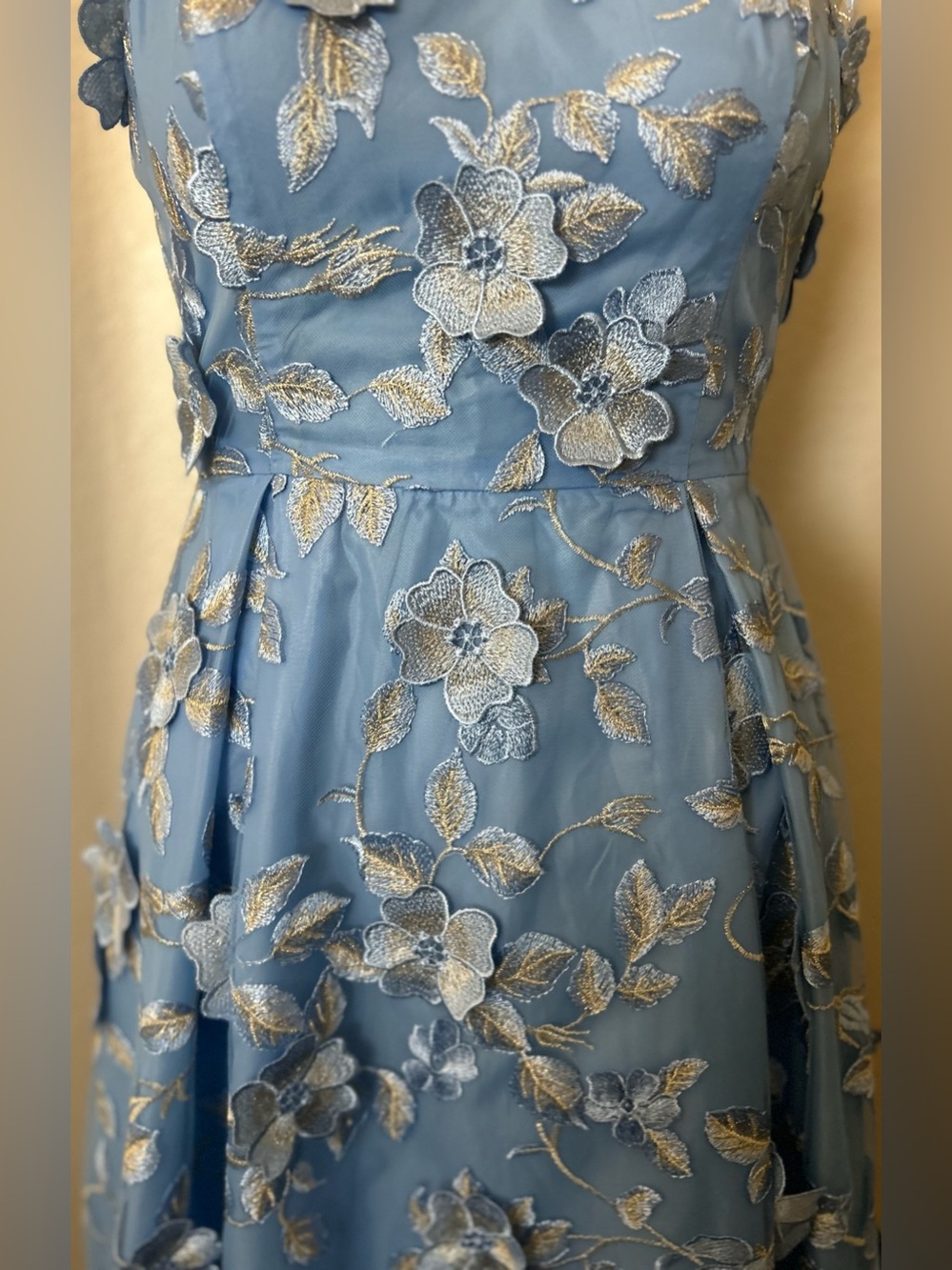 Adrianna Papell Light Blue Floral Appliqué Illusion Neck Midi Dress - Picture 7 of 13